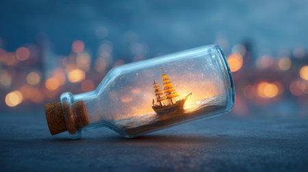 A striking visual of a beautifully detailed ship inside a glass bottle, representing dreams and adventures, illuminated by a soft, warm glow, set against a nighttime backdrop.の素材
