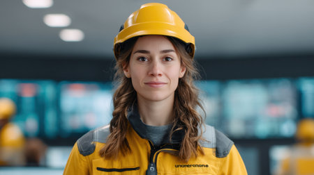 A young woman in a safety helmet and yellow jacket stands confidently in an industrial setting, embodying the spirit of professionalism and teamwork in today's dynamic workplace.の素材