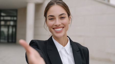 A confident businesswoman extends her hand for a handshake, smiling warmly. This image captures the essence of professionalism, teamwork, and positive communication in a corporate setting.の素材