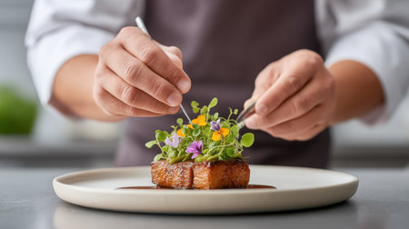 A skilled chef showcases culinary expertise by garnishing a plated dish with fresh herbs and colorful edible flowers, highlighting artistry and creativity in gourmet cuisine.の素材