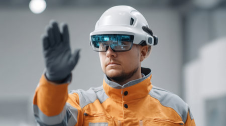 A male construction worker in protective gear is using augmented reality glasses on a construction site, enhancing safety and efficiency with technology.の素材