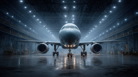 A captivating image of a commercial airplane positioned in a spacious hangar with soft ambient lighting, showcasing the intricate details of aviation engineering and machinery.の素材