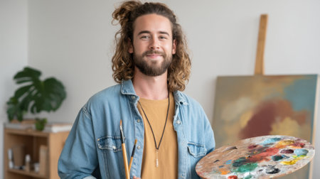 Happy male artist stands in a bright studio, holding a palette filled with colors and paintbrushes, showcasing creativity and passion for painting.の素材