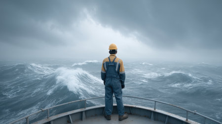 A lone fisherman stands at the bow of a boat, confronting powerful ocean waves beneath a dark, stormy sky, embodying resilience and the raw beauty of nature.の素材