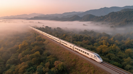 A high-speed train passes through a serene landscape shrouded in morning mist, surrounded by mountains and lush forests, capturing the essence of travel and adventure.の素材