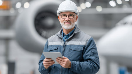 A senior engineer wearing a safety helmet stands confidently in a modern aircraft manufacturing facility, holding a tablet to oversee operations.の素材
