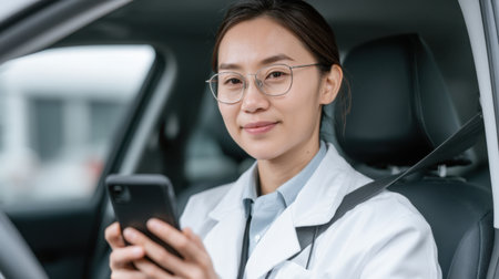 A young woman in a medical coat sits inside her car, smiling while using her smartphone. The image reflects modern professional lifestyle and connectivity in urban life.の素材