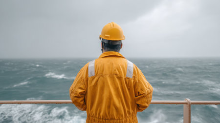 A worker in bright safety gear stands on the deck of a ship, gazing out at the turbulent sea, embodying the challenges and realities of maritime work in adverse weather.の素材