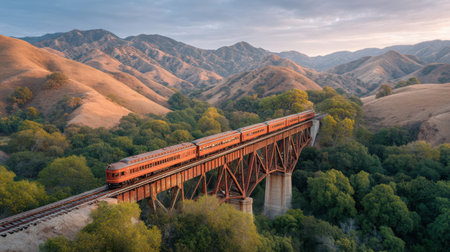 A stunning view of a vintage train crossing a historic railway bridge during sunset, surrounded by rolling hills and lush forests, capturing an essence of adventure.の素材