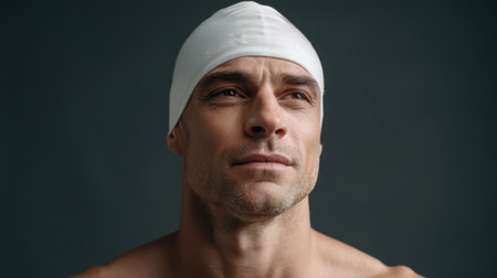 Portrait of a confident male swimmer wearing a white cap, exuding determination and focus against a dark background, ideal for fitness and sports themes.の素材