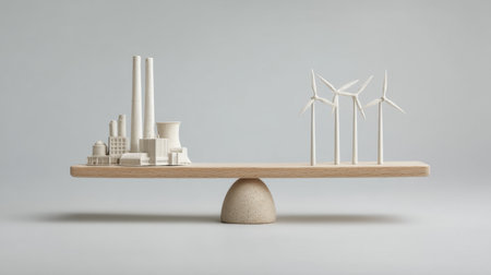 This image showcases a minimalistic balance between traditional and renewable energy sources, highlighting the contrast in power generation technologies for a sustainable future.の素材