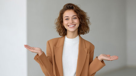 A joyful young woman with curly hair showcases her cheerful attitude in a minimalistic space, inviting warmth and positivity with her friendly smile and gestures.の素材