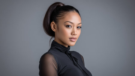 Captivating portrait of a confident young woman showcasing modern beauty. The sleek hairstyle and stylish black outfit emphasize elegance in fashion photography.の素材