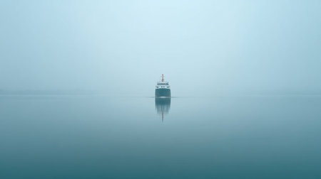 A serene image of a lone ship surrounded by misty waters, creating a tranquil atmosphere. The calm reflections enhance the dreamy landscape, inviting contemplation.の素材