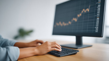 A close-up shot of hands typing on a keyboard while analyzing stock market data on a computer monitor, representing modern business analytics and workspace productivity.の素材