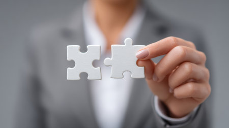 A business professional elegantly holds two white puzzle pieces, representing the essential elements of partnership, teamwork, and connection in a corporate setting.の素材