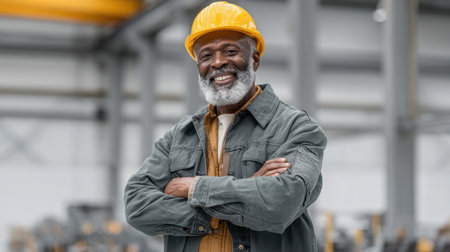 A senior male worker stands confidently in a modern warehouse, wearing a safety helmet and smiling, showcasing professionalism and experience in industrial settings.の素材