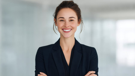 A confident businesswoman stands smiling in a bright office space. Her professional attire and positive demeanor reflect a successful working environment filled with opportunities.の素材