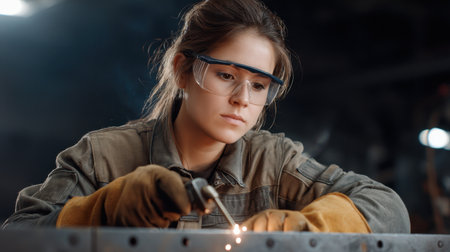 A dedicated young female welder is seen in an industrial workshop, focused on her work as she performs welding tasks with precision and safety gear.の素材