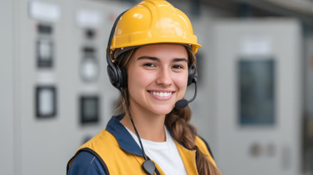 A young woman wearing a yellow hard hat and headset smiles confidently in an industrial setting, showcasing professionalism and readiness for her workplace duties.の素材