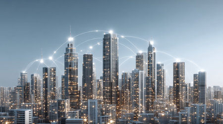 A vibrant cityscape featuring modern skyscrapers illuminated against a dusky sky, highlighting the integration of technology within urban environments for future development.の素材