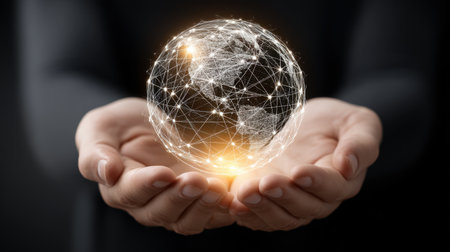 A captivating image of hands gently cradling a glowing globe, illustrating the interconnectedness of our world through technology and emphasizing global unity in a digital age.の素材