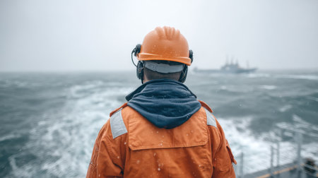 A maritime worker in safety gear stands on the deck of a ship, observing turbulent seas and heavy rain, showcasing the challenges faced in harsh weather conditions.の素材