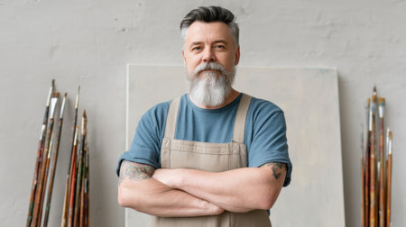 A skilled male artist stands confidently in his studio, showcasing his craft with paint brushes and canvases, embodying creativity and inspiration in his art-filled environment.の素材