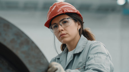 A determined female worker in safety gear focuses on machinery in an industrial setting, showcasing her commitment and professionalism in the field of engineering.の素材