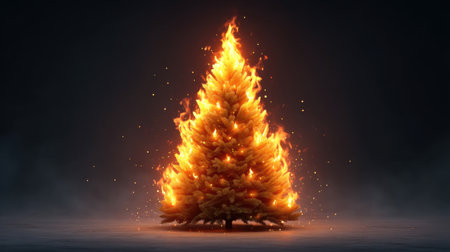 A striking image of a Christmas tree engulfed in vivid flames, creating a dramatic and mesmerizing scene. The warm glow and flickering sparks provide a unique atmosphere.の素材