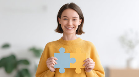 A cheerful woman holds two puzzle pieces, symbolizing connection and collaboration in a modern indoor environment, radiating positivity and joy.の素材
