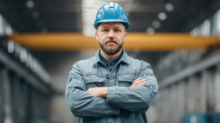 A serious male worker stands confidently in an expansive industrial warehouse, showcasing professionalism with a blue safety helmet and arms crossed in a focused pose.の素材