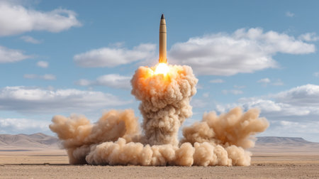 A dynamic and captivating scene of a powerful rocket launch, showcasing the fire and smoke against a clear blue sky in a desert landscape, highlighting military technology.の素材