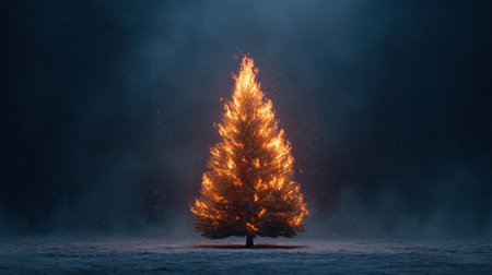 A striking image of a Christmas tree set ablaze, radiating warmth and light amidst a dark, wintry backdrop, inspiring awe and holiday magic.の素材