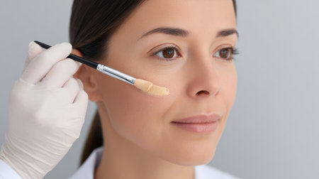 A professional makeup artist applies foundation to a young woman's face in a serene salon setting, emphasizing beauty techniques and natural aesthetics for skincare lovers.の素材
