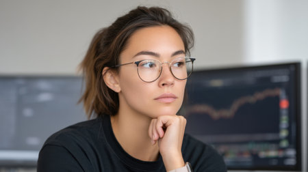 A thoughtful young woman in glasses contemplates her investment strategies while seated at a modern workspace, surrounded by computer screens showing stock market trends.の素材