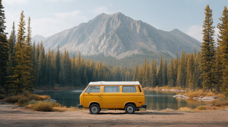 A vibrant yellow camper van is parked next to a calm lake, surrounded by evergreen trees and towering mountains, creating a picturesque outdoor adventure scene.の素材