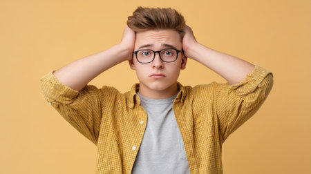 A young man with glasses displays a worried expression, holding his head as he conveys stress and anxiety against a vibrant yellow backdrop, capturing emotion.の素材