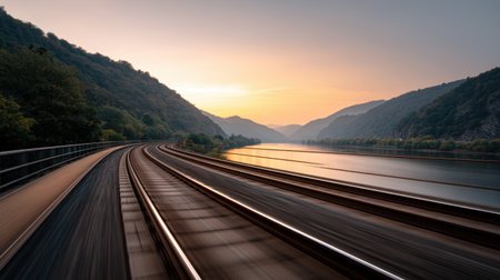 A picturesque view of a curving train track beside a serene river at sunrise, surrounded by majestic mountains. Captured in tranquil morning light, this scene invites adventure.の素材