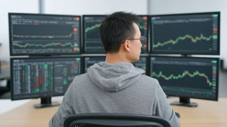 A dedicated male trader is deeply focused on analyzing intricate financial data across multiple screens in an advanced office setting, showcasing stock market trends.の素材