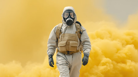 A person wearing a full protective suit and gas mask strides purposefully through thick yellow smoke, symbolizing the importance of safety in hazardous environments.の素材