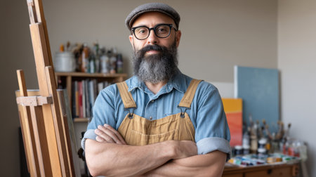 A confident male artist stands in his studio, wearing glasses and a cap. He poses in front of vibrant easels, showcasing his artistic talent and creative environment.の素材