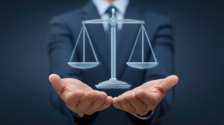 Professional individual presents scales of justice in hands, symbolizing the importance of law, fairness, and balance in a modern business and legal context.の素材