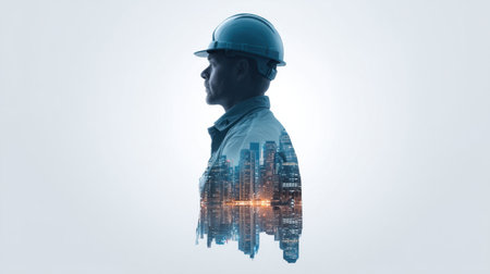 A construction worker's profile interwoven with a vibrant city skyline, symbolizing the fusion of industry and innovation in a bustling urban environment.の素材