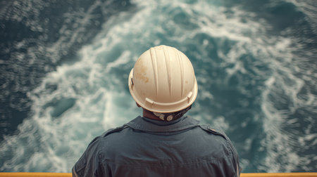 A lone worker wearing a safety helmet stands on a ship deck, gazing at the ocean waves. This scene highlights maritime safety and reflects a powerful connection with the open sea.の素材