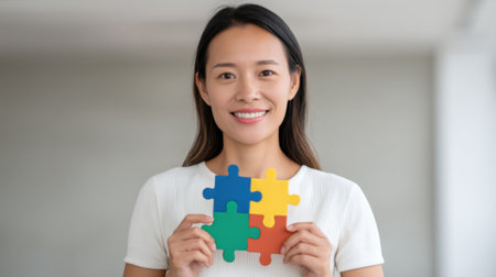 A cheerful woman holds colorful puzzle pieces, representing collaboration and problem-solving in a creative and positive environment. Joy and teamwork shine through.の素材