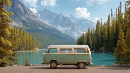 A vintage van sits peacefully by a pristine lake, surrounded by towering mountains and dense forest. The scene captures the essence of adventure and the beauty of nature.の素材