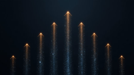 This abstract image features glowing upward arrows made of sparkling particles, set against a dark background, symbolizing progress and inspiration in various themes.の素材