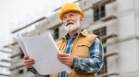 A senior construction supervisor stands confidently holding a blueprint at a building site, wearing a hard hat and reflective vest, ensuring project success and safety.の素材
