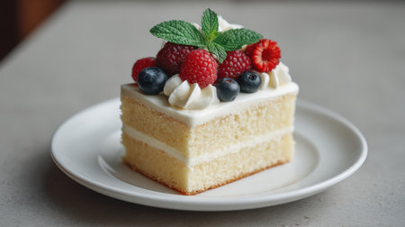 A beautifully styled slice of vanilla cake featuring rich cream, adorned with an array of fresh berries and mint, ideal for dessert recipes and food photography.の素材